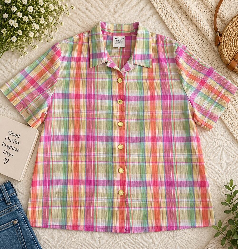 Allison Daley Petites 14P Multicolor Plaid Button Down Blouse 3/4 Sleeve